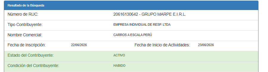 Consulta RUC SUNAT - Grupo Marpe EIRL, Carros a Escala Perú