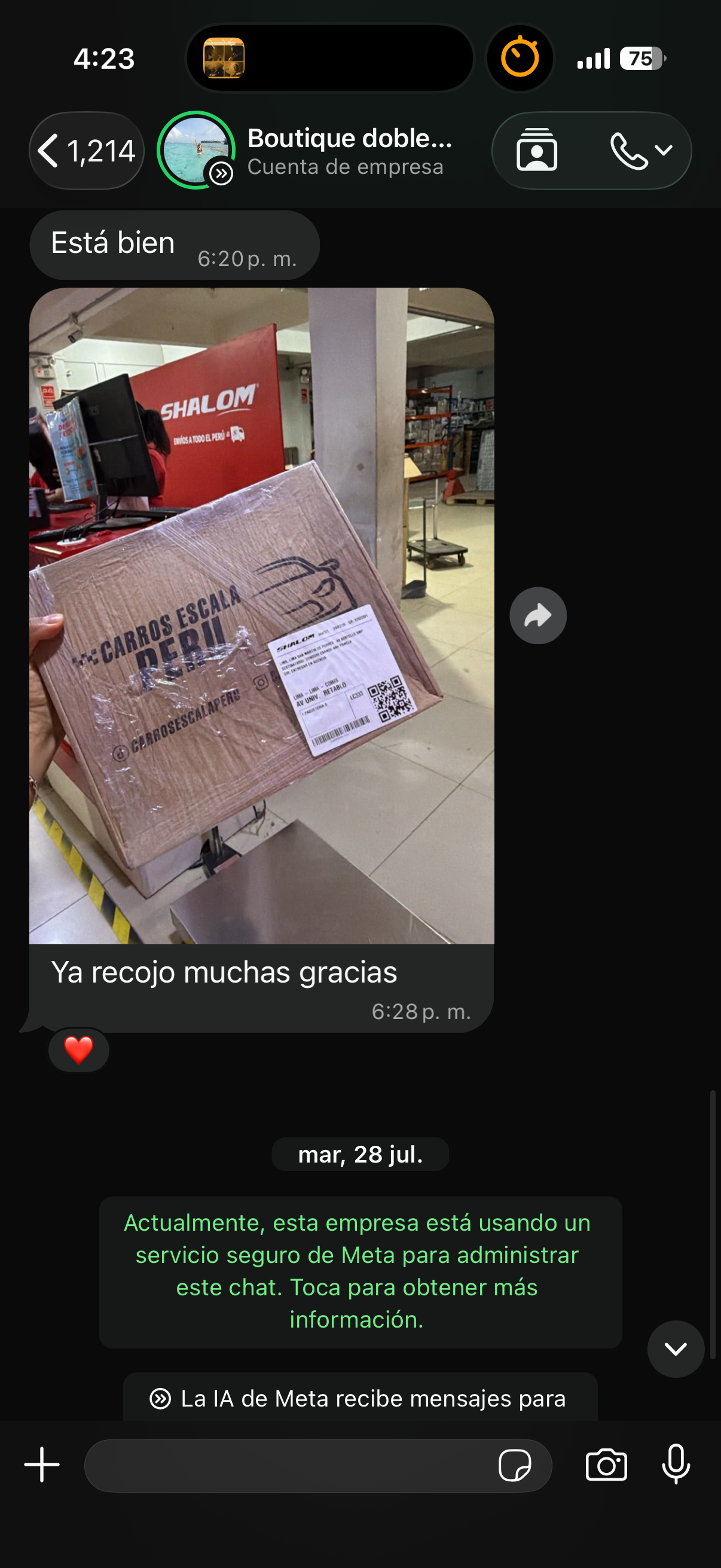 Captura de WhatsApp mostrando envío recibido en Shalom