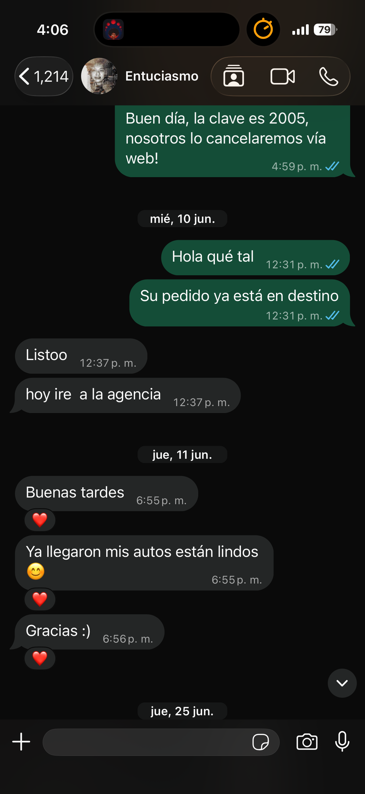 Captura de conversación de WhatsApp con cliente